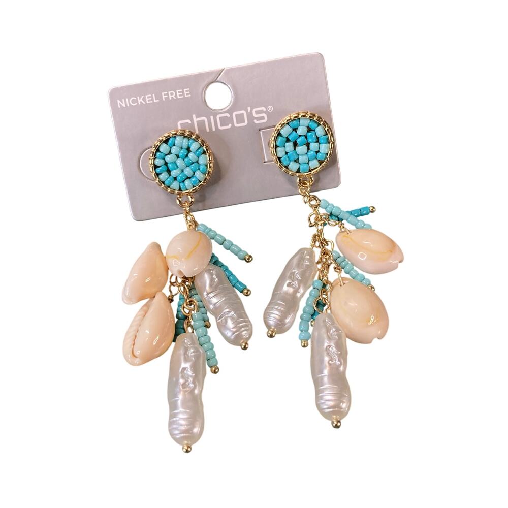 0023 Chico's Shell, Turquoise Seed Bead & Faux Pearl Cluster Dangle Earrings NWT